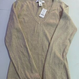White House Black Market sparkly Gold V-Neck Sweater. NWT. size S